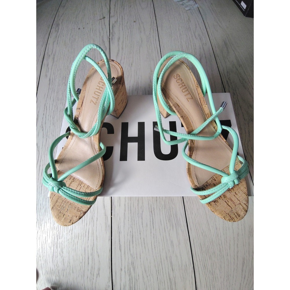 Schutz Suzy Mid Block‎ Mint Green Strappy Cork Sandals Size 6.5B S2000105470001